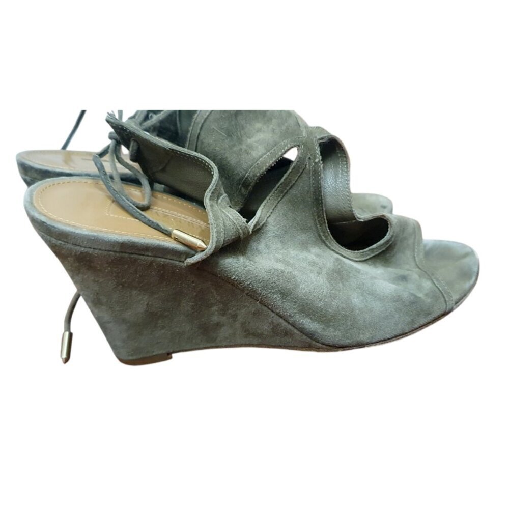 Aquazzura 85mm Sexy Thing Suede Wedge Sandals Olive Truffle Size 37.5 - Picture 4 of 10